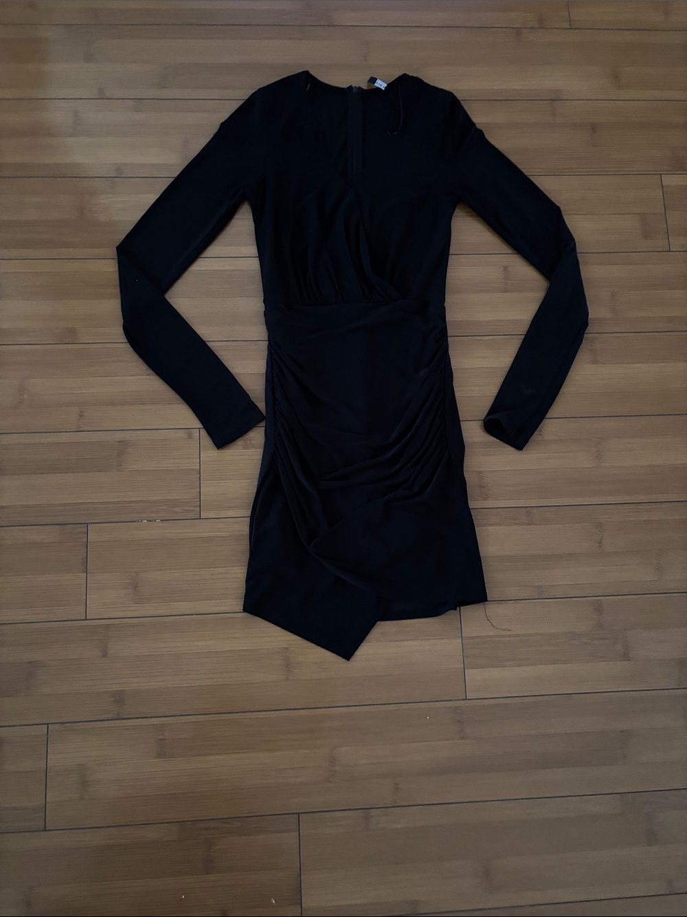 Long-Sleeve Black Ruched Wrap-Style Dress